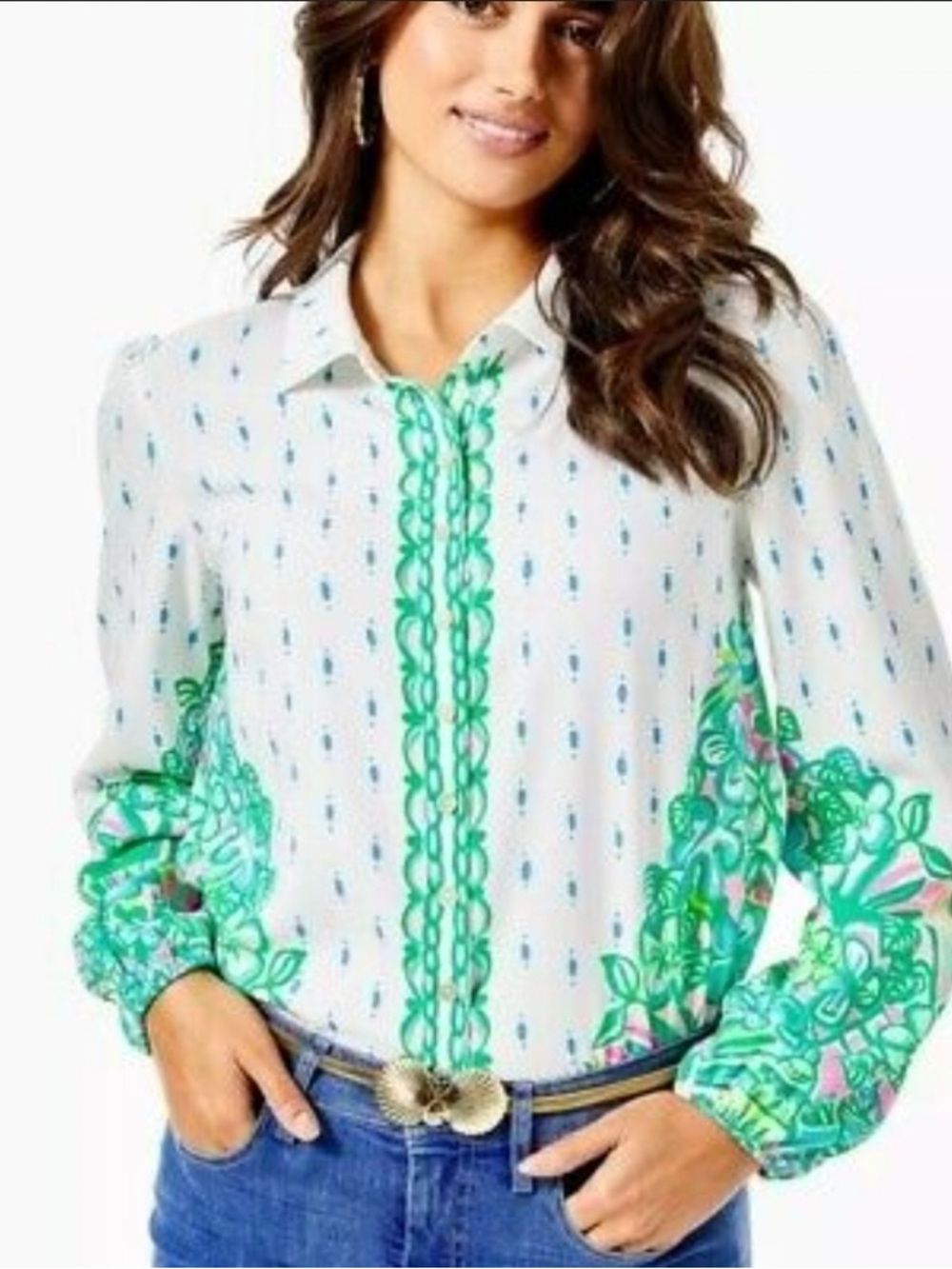 Lilly Pulitzer Tavia Top - Resort White Coconut Row - XS - Long Sleeve